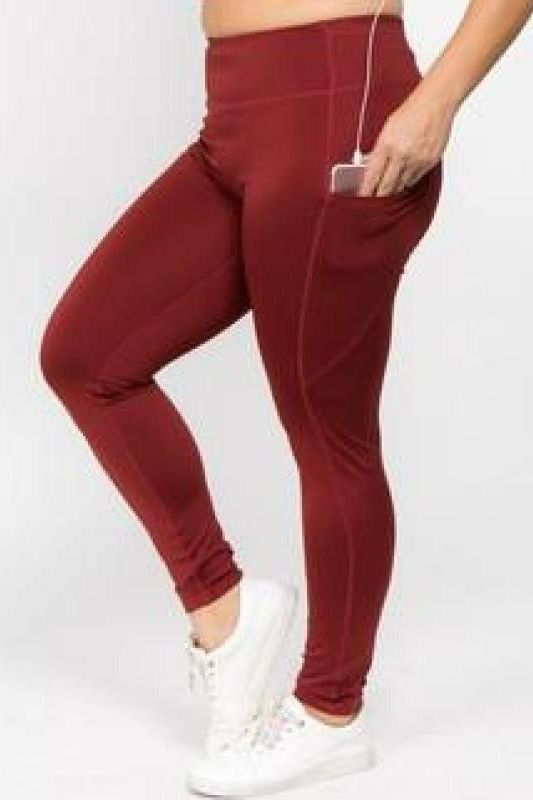 Red Wine High Waist Tech Pocket Workout Leggings (Plus-Size) - Fits4Yoga