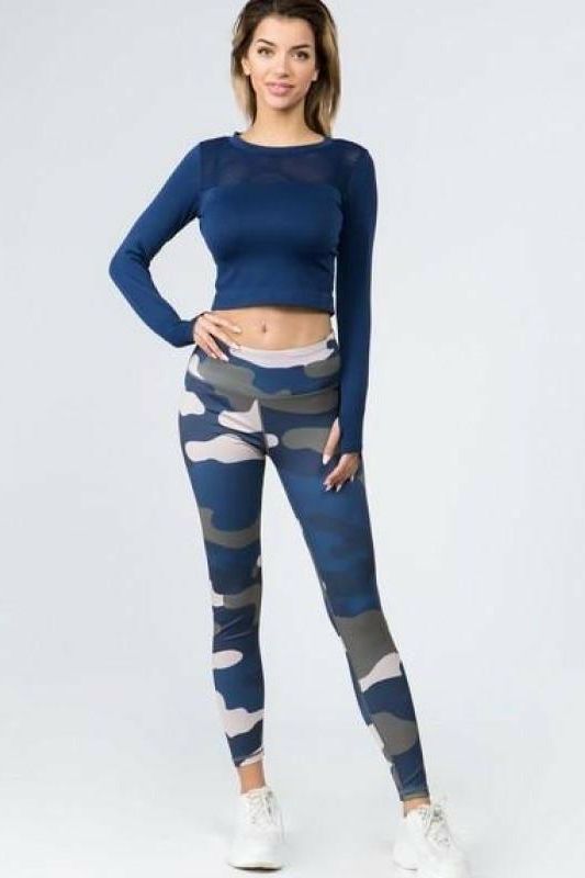 Blue Camouflage Print Leggings with Hidden Pocket - Fits4Yoga