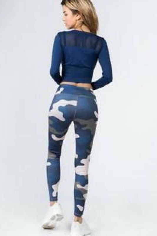 Blue Camouflage Print Leggings with Hidden Pocket - Fits4Yoga